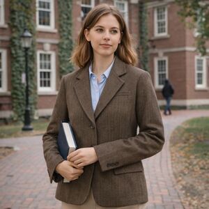 Embassy Row Herringbone 100% Wool Blazer Womens Sz 8P VTG Brown Tweed Equestrian